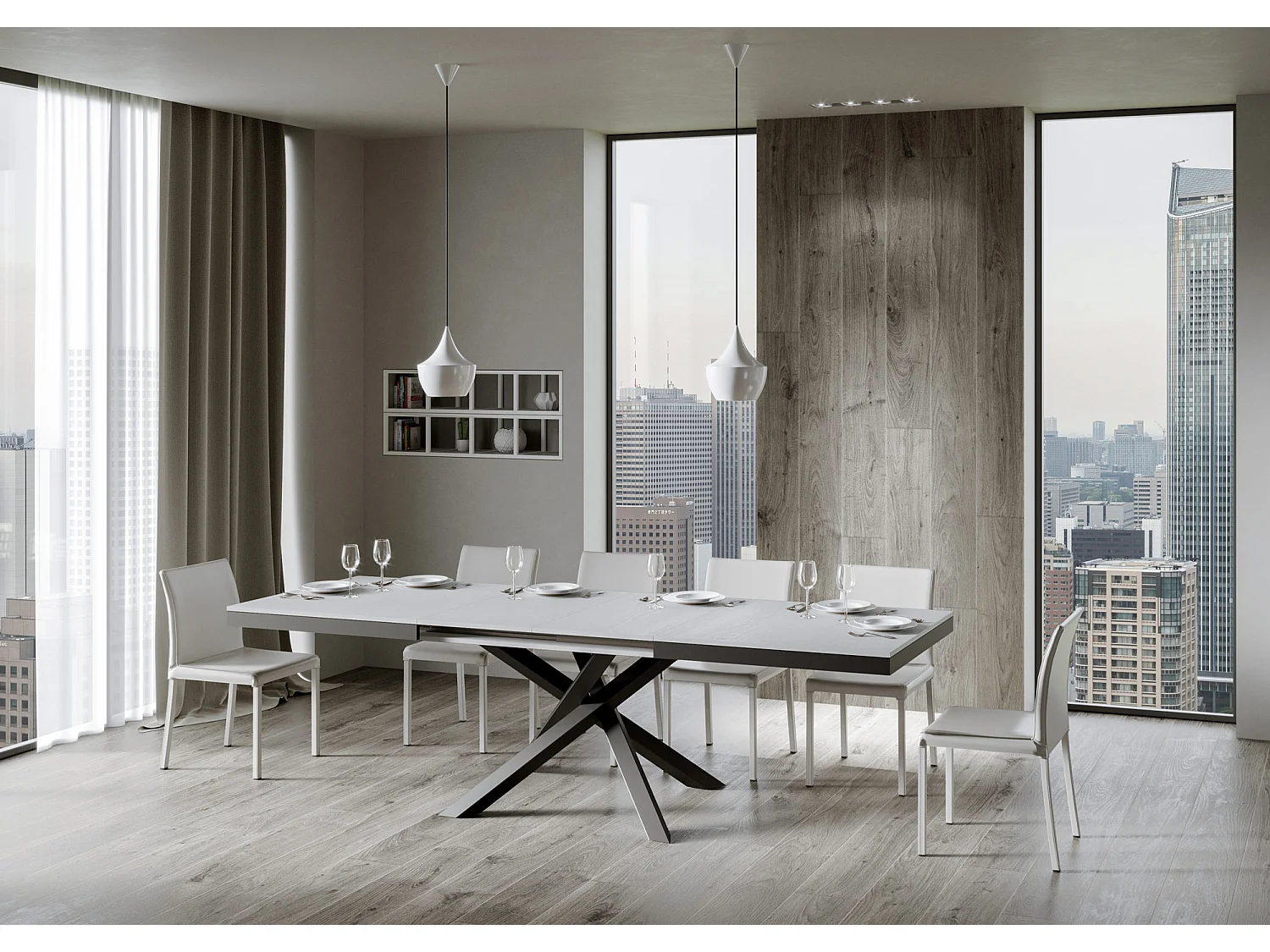 Table extensible 160/264x90 cm Volantis Evolution frêne blanc cadre et pieds anthracite