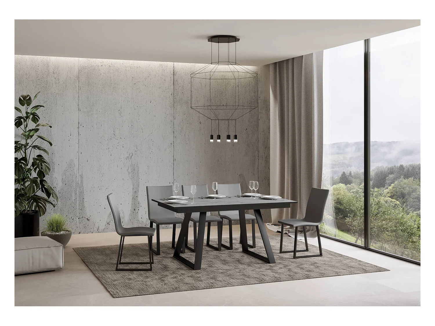 Ausziehtisch 90x160/220 cm Bernadette Zement mit Eisenrahmen aus Anthrazit