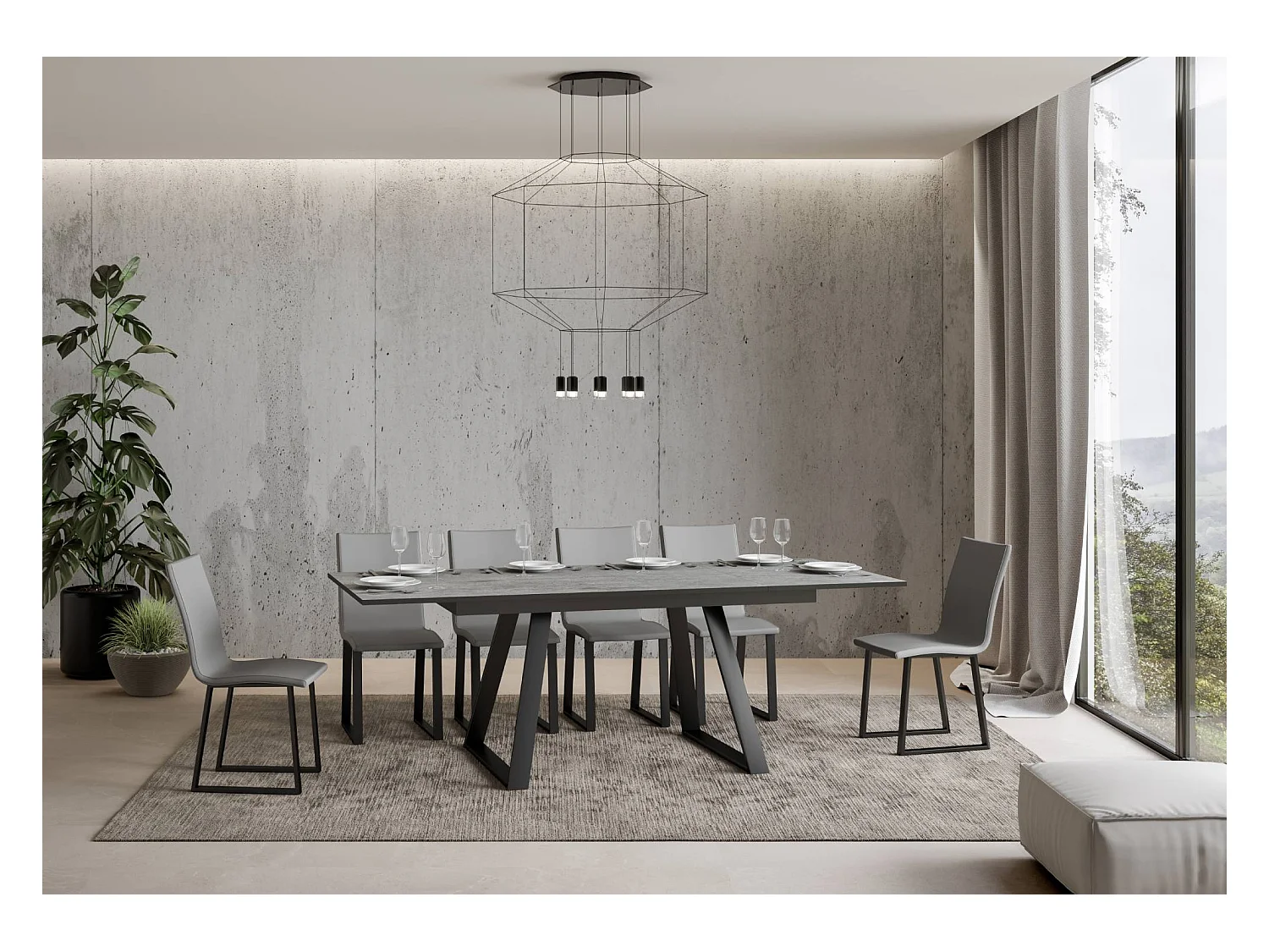 Ausziehtisch 90x160/220 cm Bernadette Zement mit Eisenrahmen aus Anthrazit