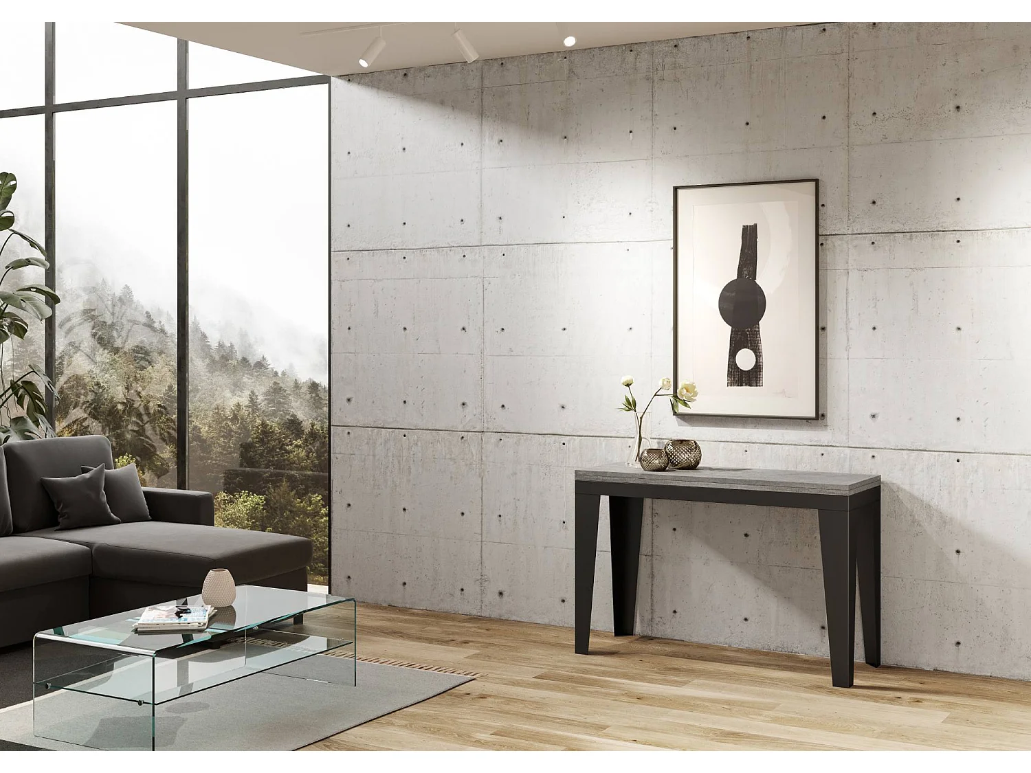 Table extensible portefeuille 120x45/90 cm Flame Double Gris Béton cadre Anthracite