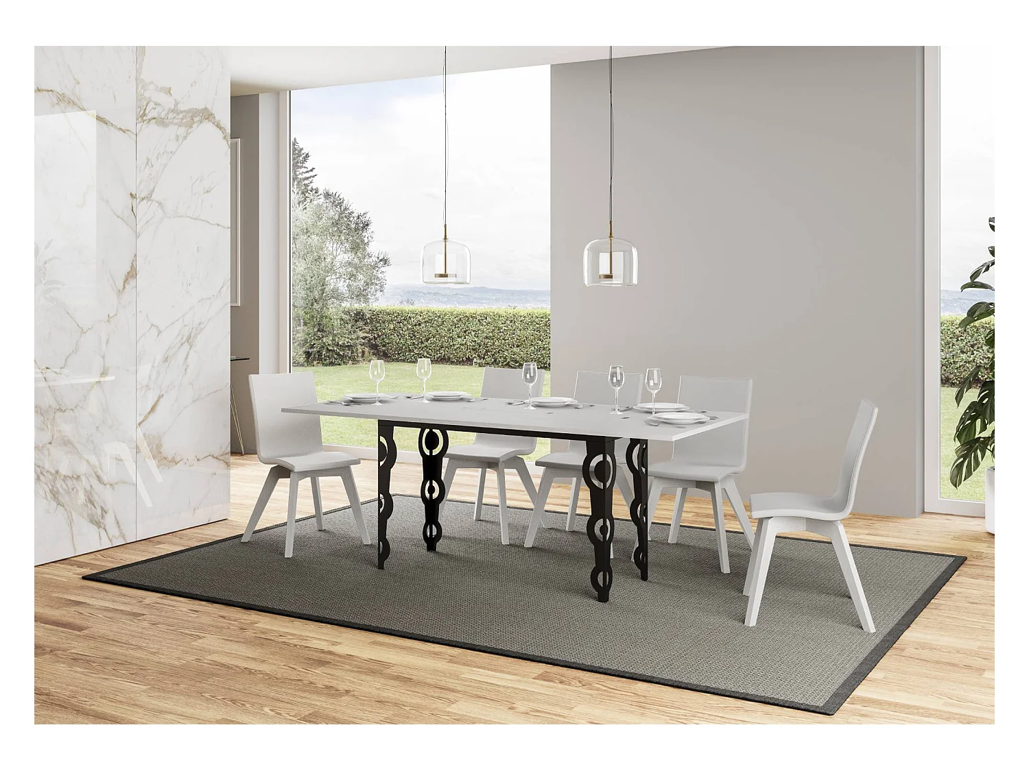 Ausziehtisch 120/200x45/90 cm Karamay Double Esche weiß mit Eisenrahmen aus Anthrazit