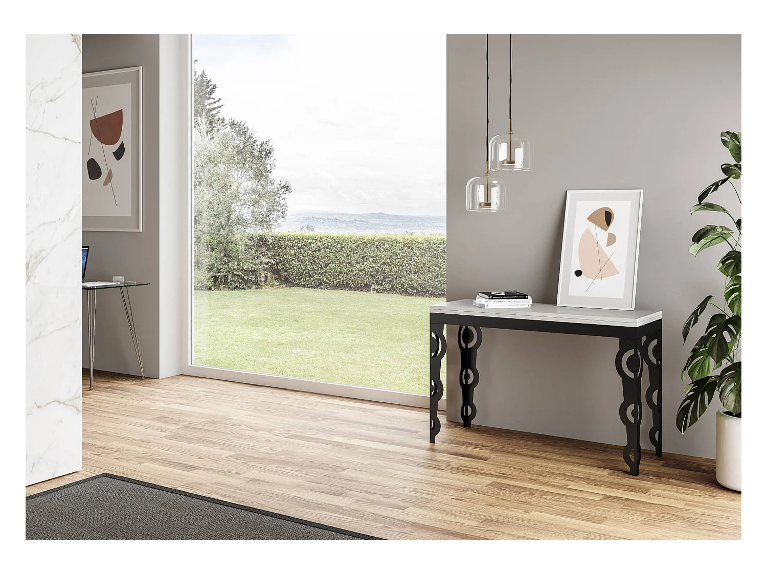 Ausziehtisch 120/200x45/90 cm Karamay Double Esche weiß mit Eisenrahmen aus Anthrazit