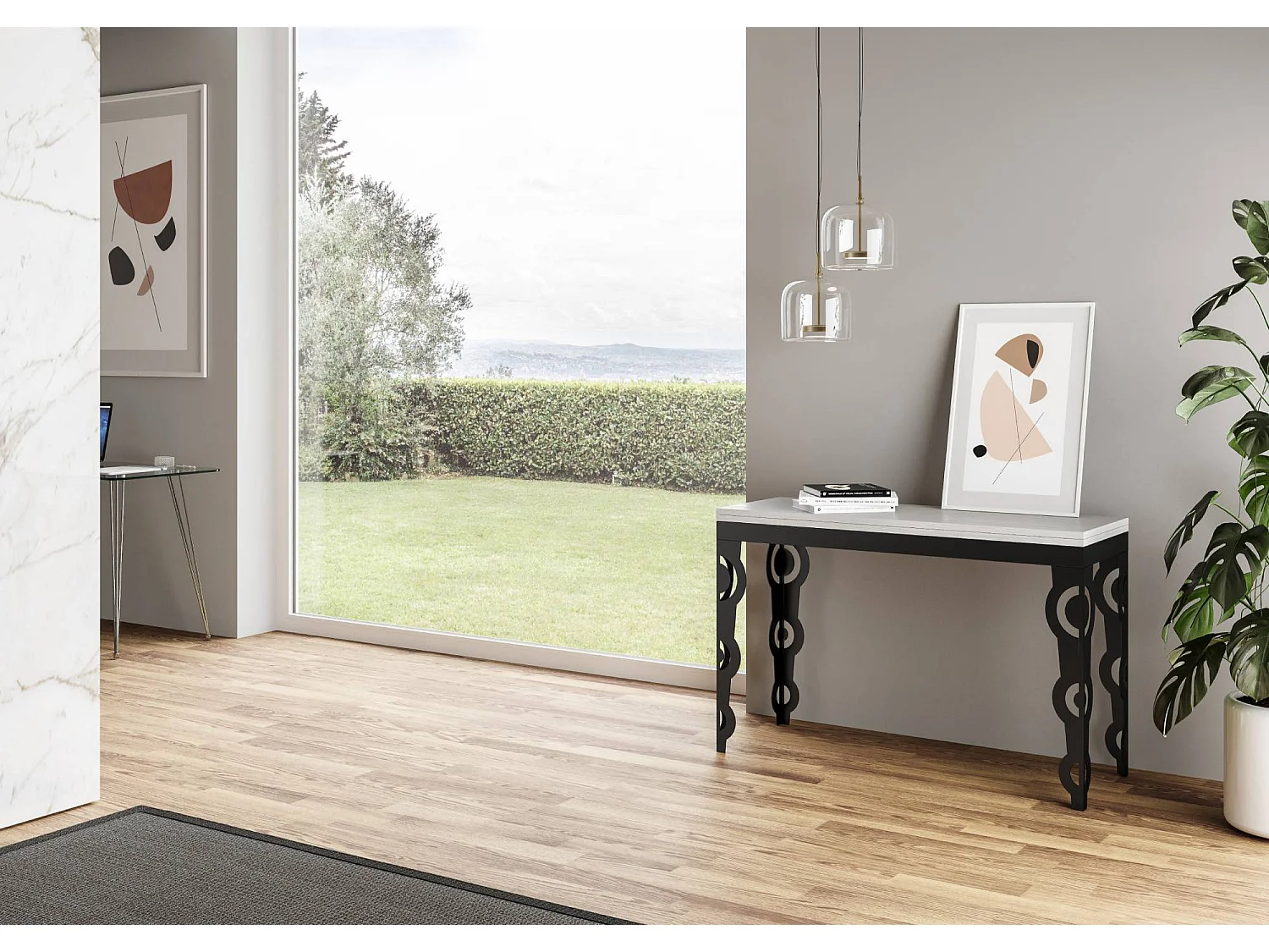 Ausziehtisch 120/200x45/90 cm Karamay Double Esche weiß mit Eisenrahmen aus Anthrazit