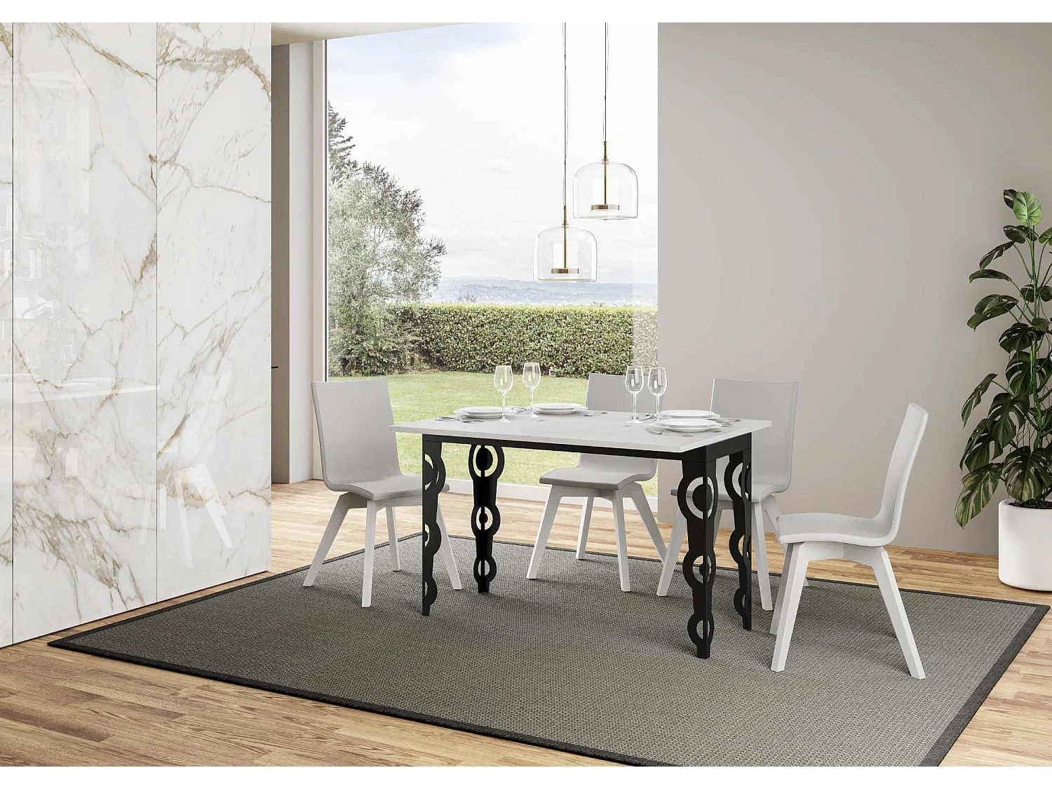 Ausziehtisch 120/200x45/90 cm Karamay Double Esche weiß mit Eisenrahmen aus Anthrazit