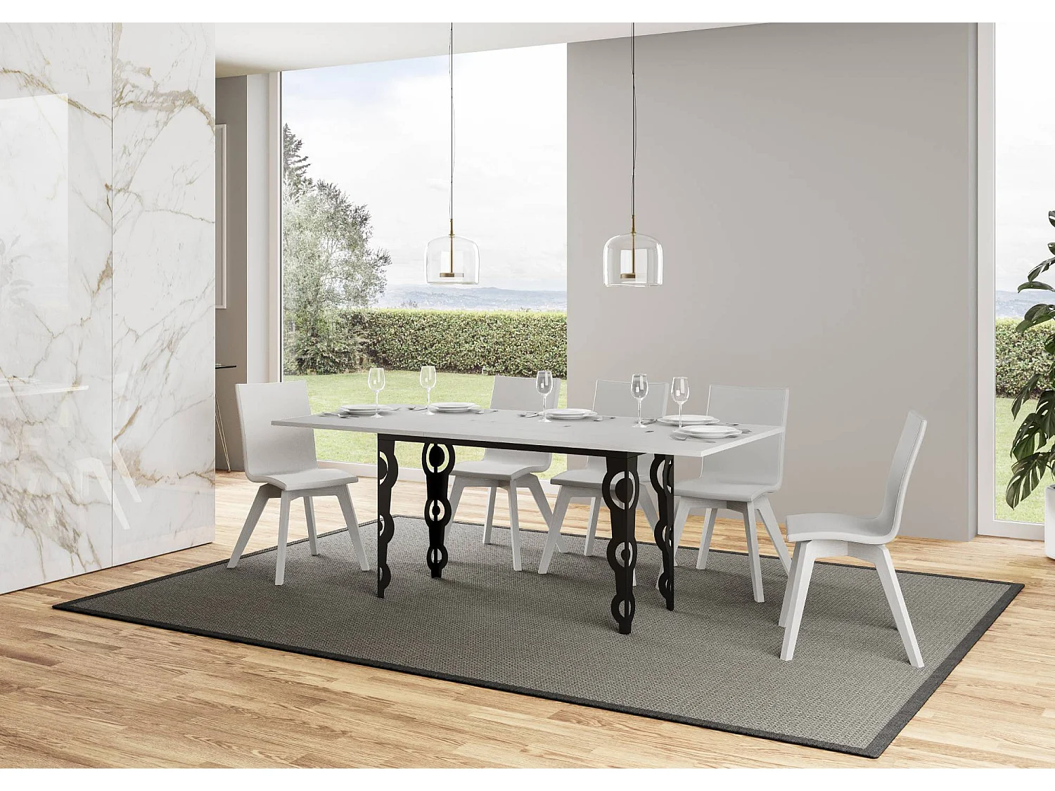 Ausziehtisch 120/200x45/90 cm Karamay Double Esche weiß mit Eisenrahmen aus Anthrazit