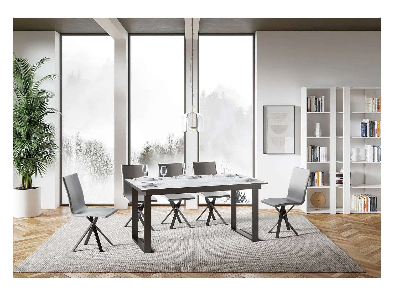 Mesa extensible 90x160/220 cm Bandos Fresno Blanco estructura Antracita