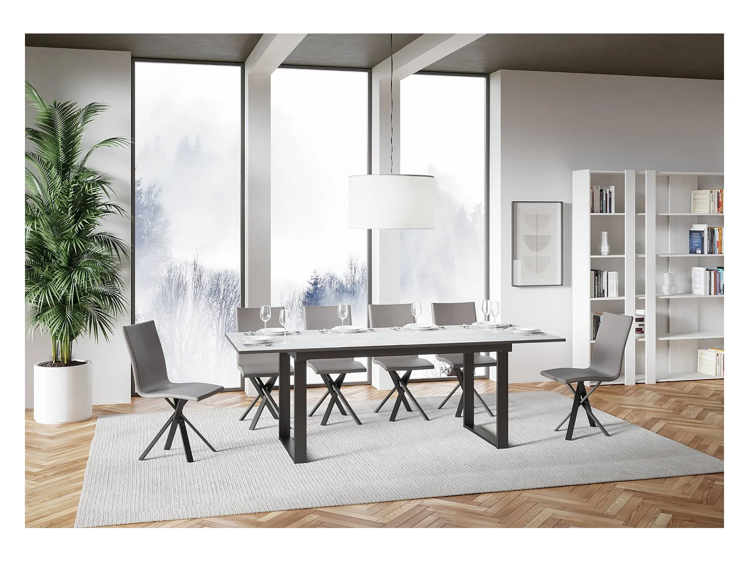 Mesa extensible 90x160/220 cm Bandos Fresno Blanco estructura Antracita