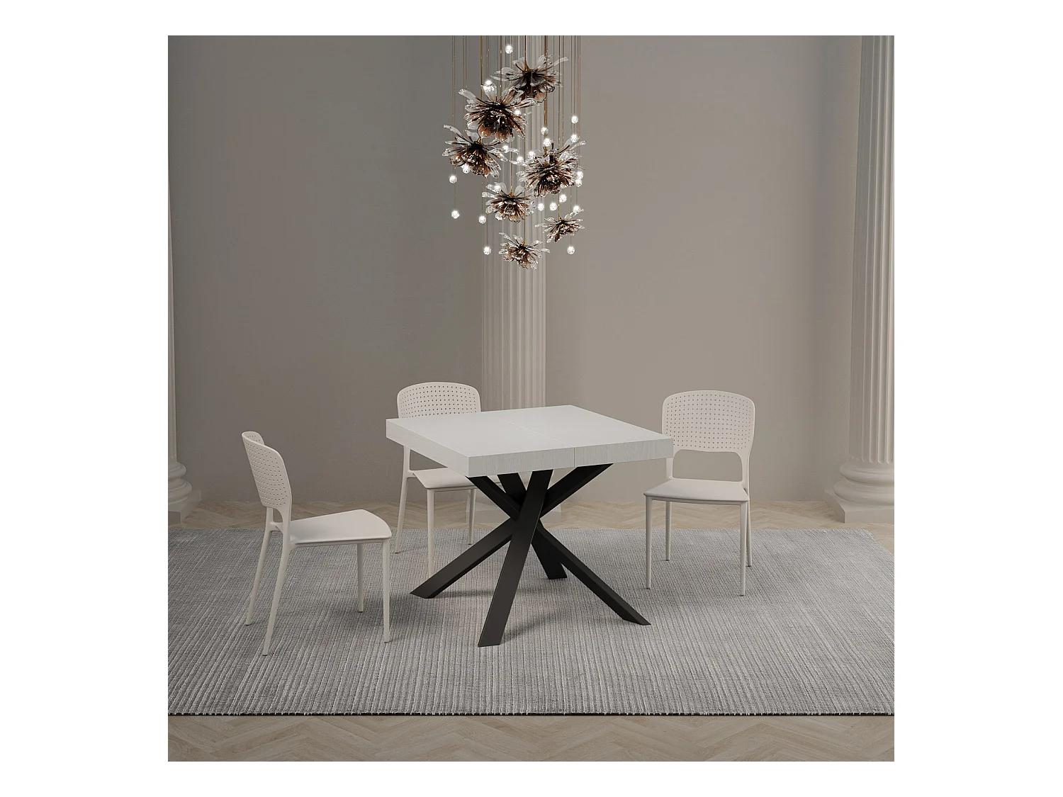 Ausziehbarer Tisch 90 x 90/194 cm. Platte aus weißem Eschenholz – Beine in Anthrazit