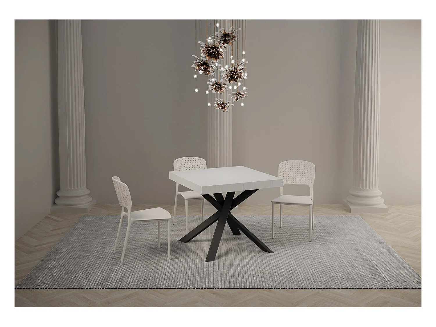 Ausziehbarer Tisch 90 x 90/194 cm. Platte aus weißem Eschenholz – Beine in Anthrazit