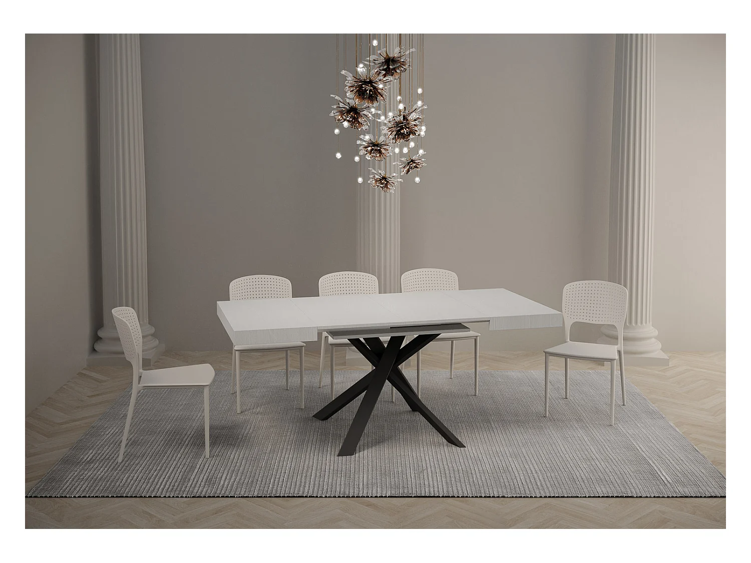 Ausziehbarer Tisch 90 x 90/194 cm. Platte aus weißem Eschenholz – Beine in Anthrazit