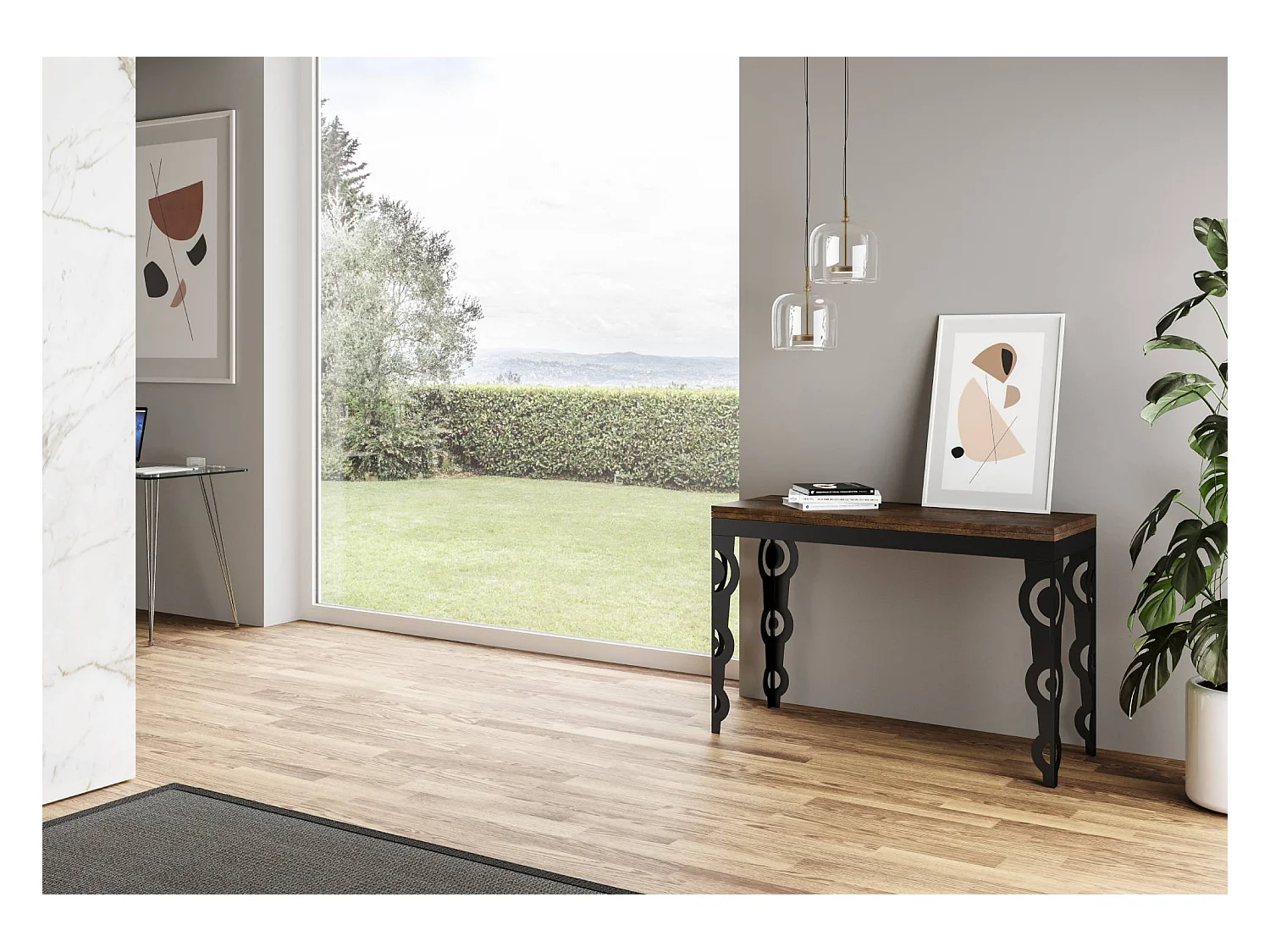 Uitklapbare tafel 120/200x45/90 cm Karamay Double walnoot frame antraciet