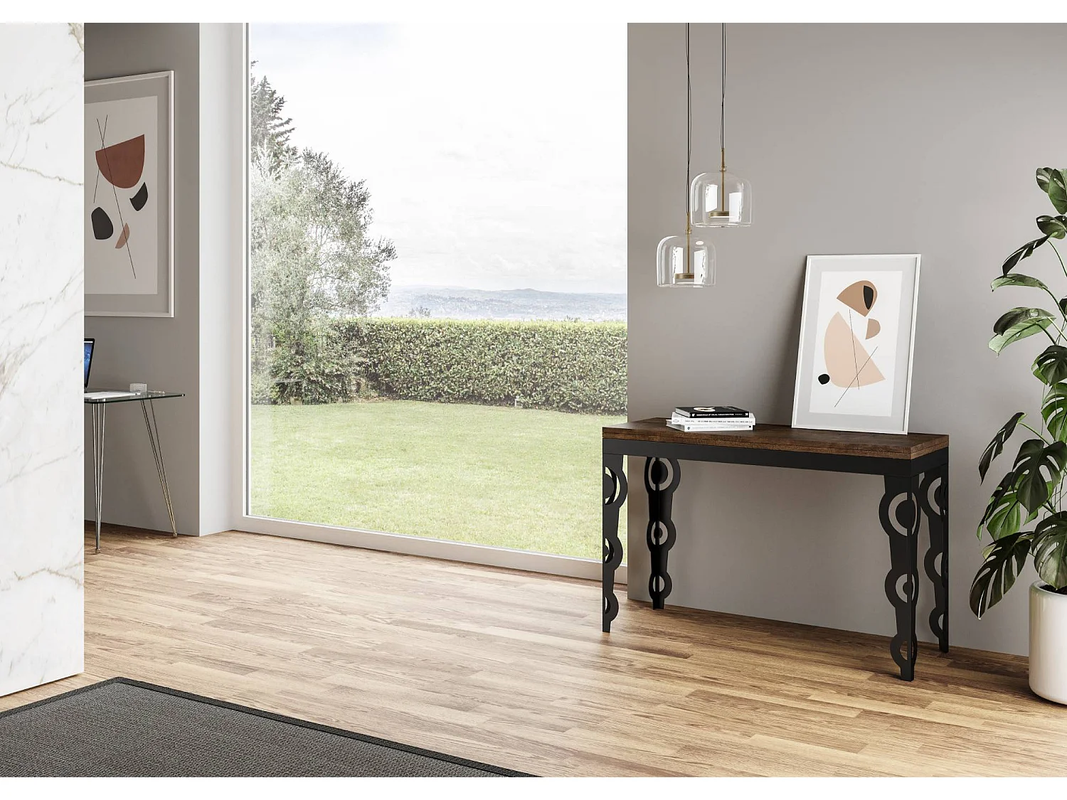 Uitklapbare tafel 120/200x45/90 cm Karamay Double walnoot frame antraciet