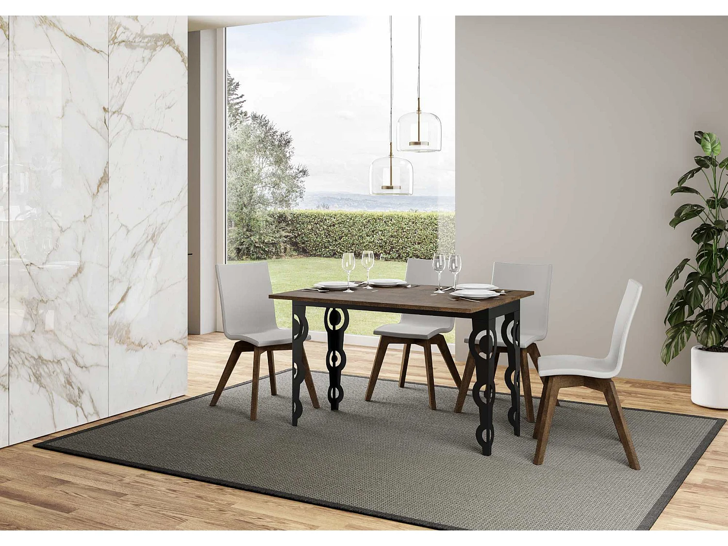 Uitklapbare tafel 120/200x45/90 cm Karamay Double walnoot frame antraciet