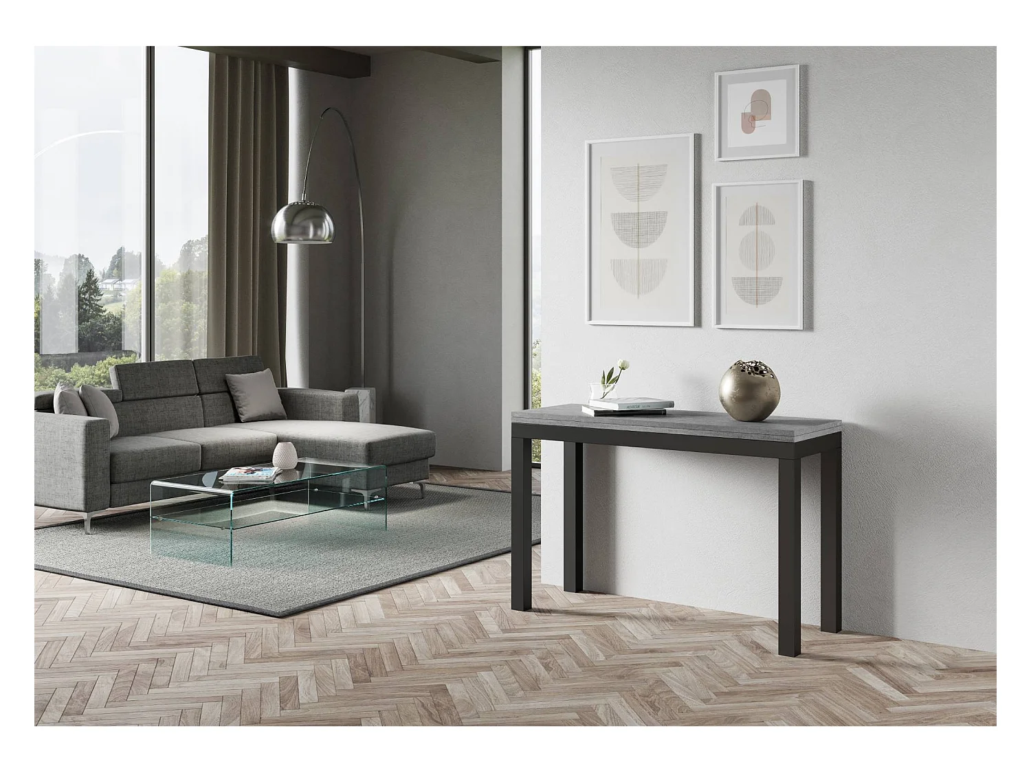 Table extensible portefeuille 120x45/90 cm Everyday Double Gris Béton cadre Anthracite