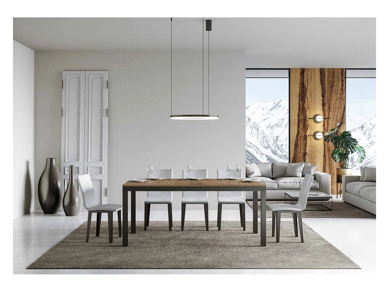 Mesa de comedor extensible Karry evolución-Color Natural-Soporte 2 pies-Ancho extensible