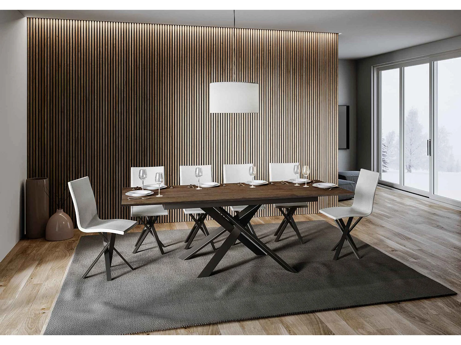 Table extensible 90x160/220 cm Ganty Noyer bande de chante en teinte cadre Anthracite