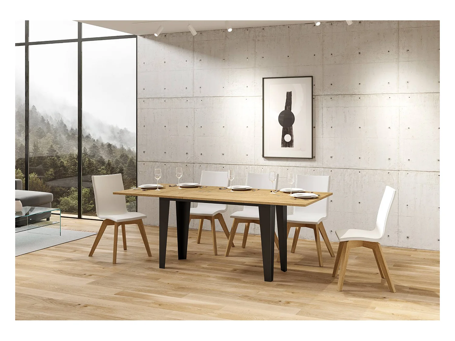 Ausziehtisch 120/200x45/90 cm Flame Double Eiche Natur mit Eisenrahmen aus Anthrazit