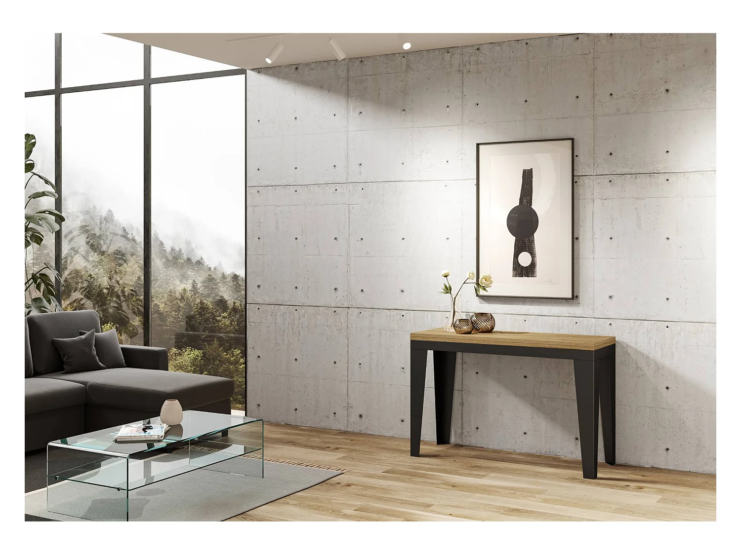 Uitklapbare tafel 120/200x45/90 cm Flame Double natuur eiken frame antraciet