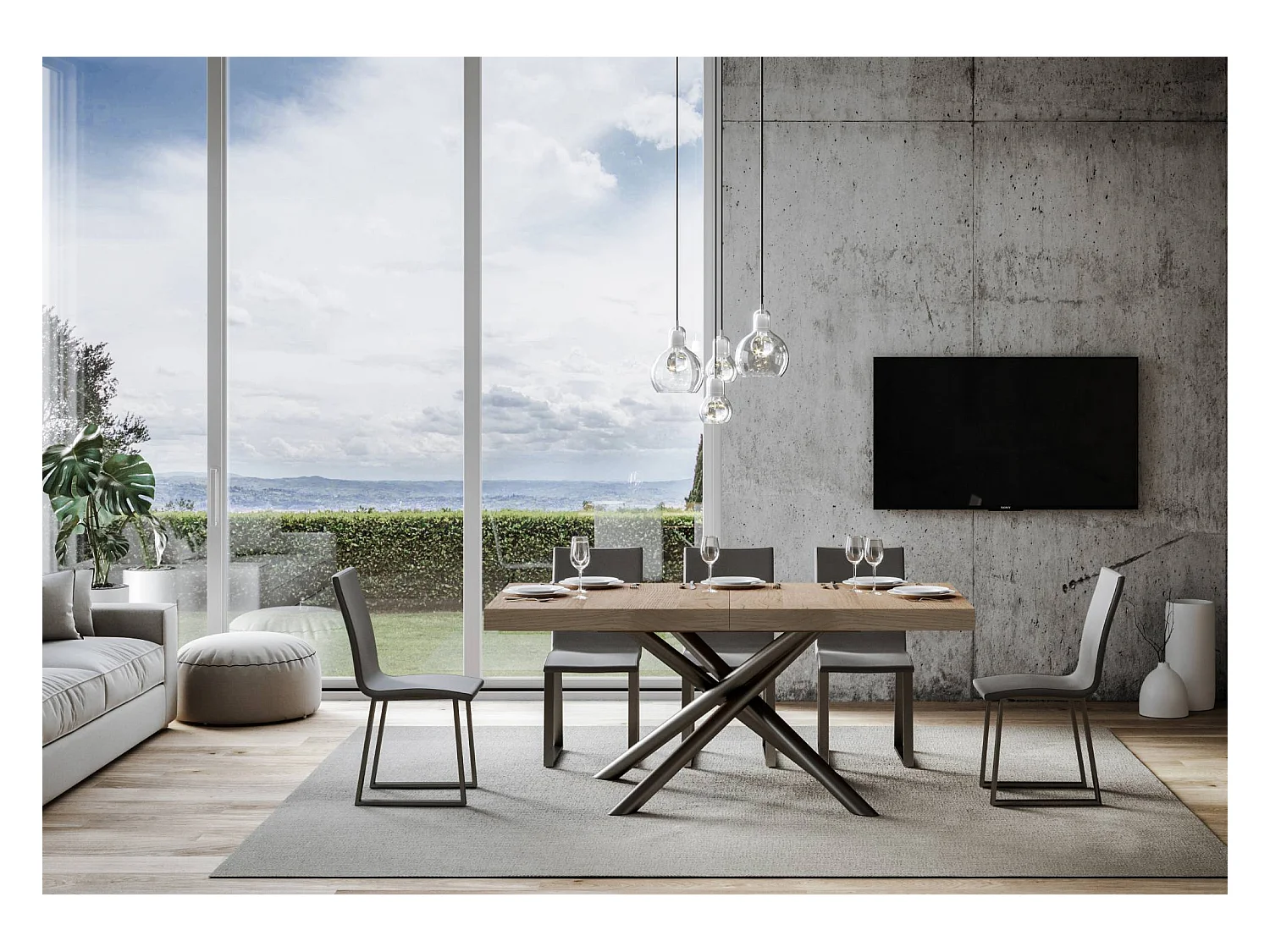 Table extensible 90x180/440 cm Famas Chêne Nature cadre Anthracite