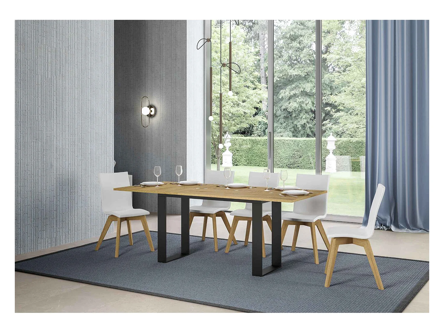 Ausziehtisch 120/200x45/90 cm Tecno Double Eiche Natur mit Eisenrahmen aus Anthrazit