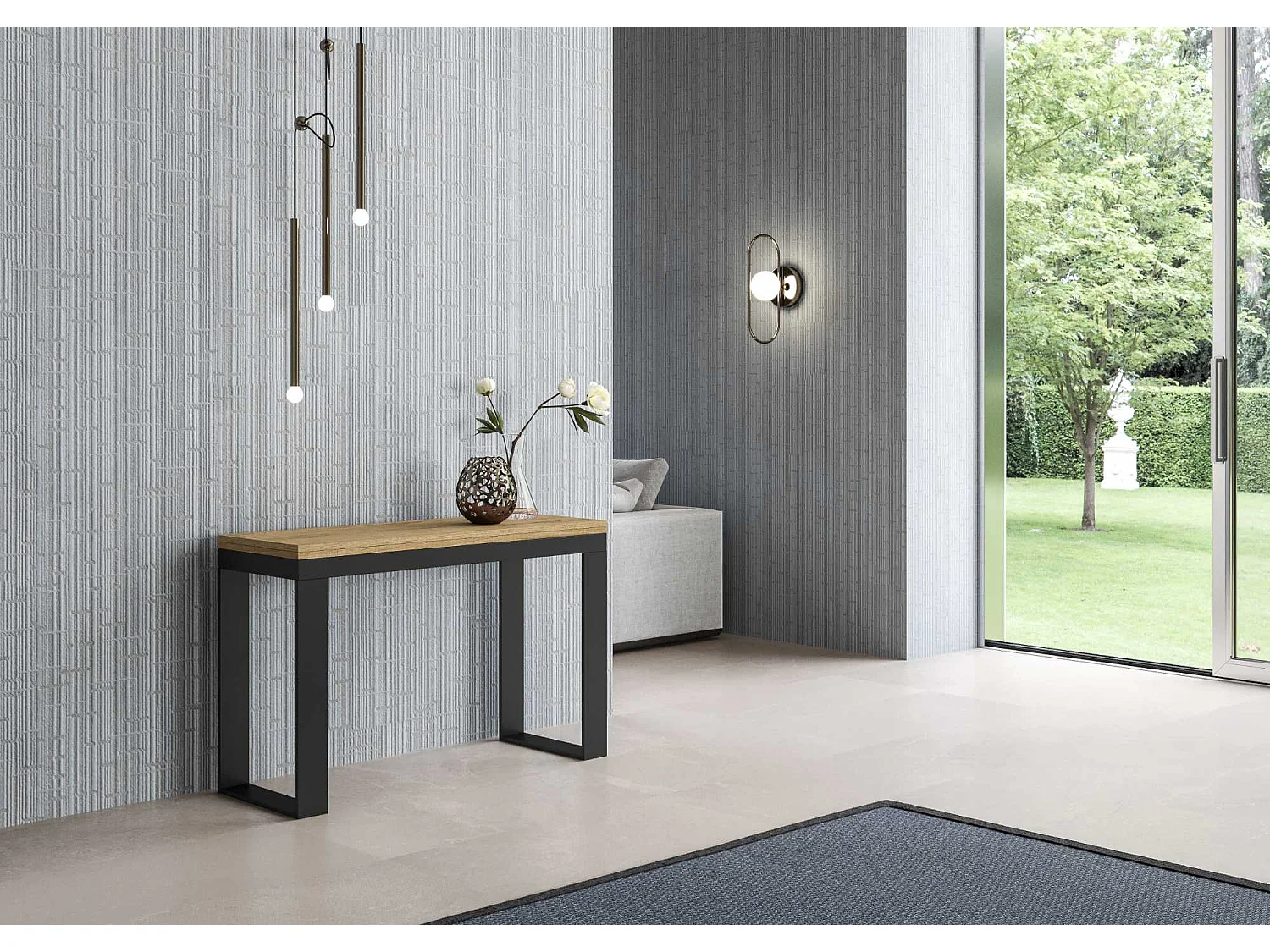 Ausziehtisch 120/200x45/90 cm Tecno Double Eiche Natur mit Eisenrahmen aus Anthrazit