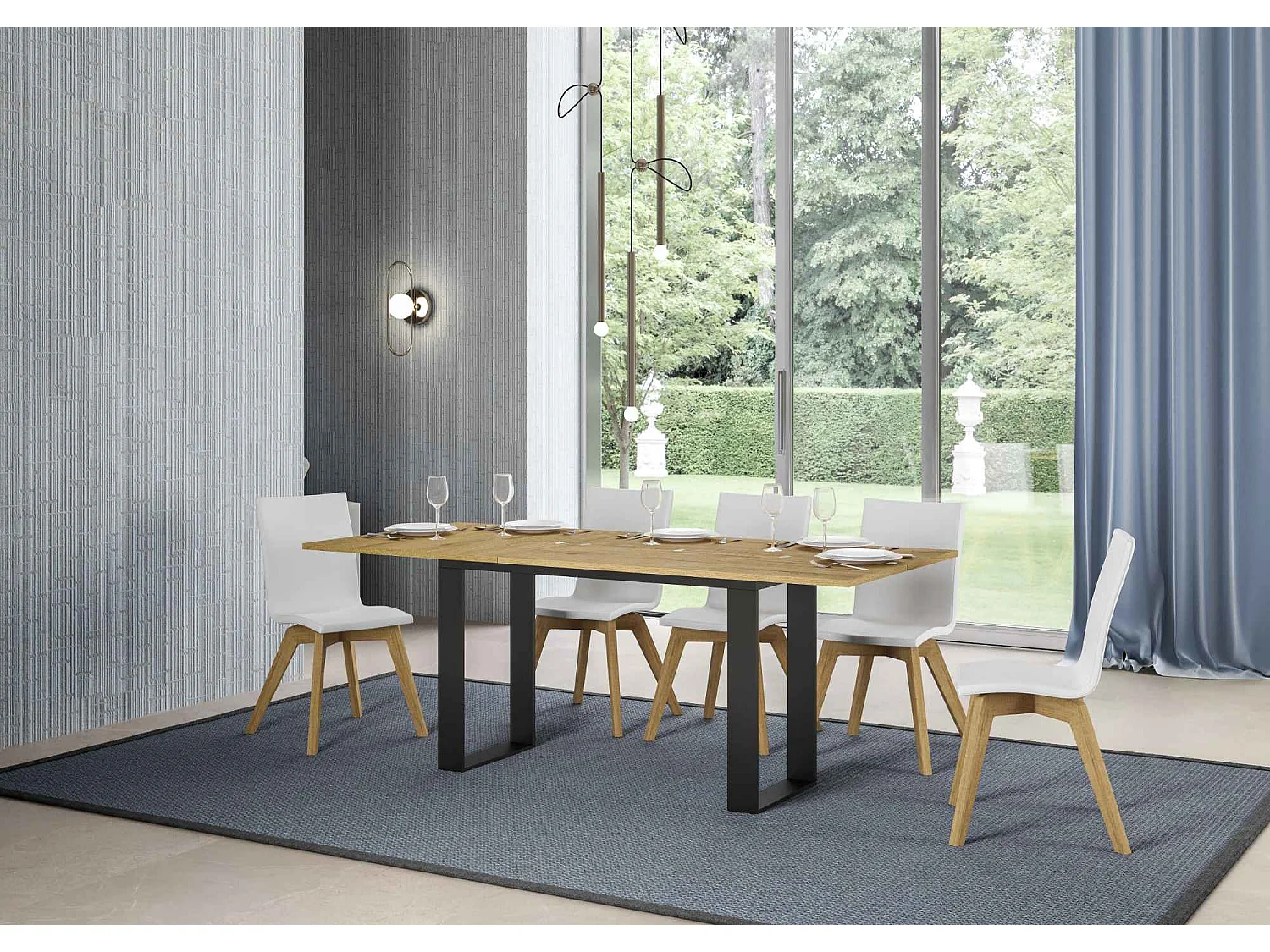 Ausziehtisch 120/200x45/90 cm Tecno Double Eiche Natur mit Eisenrahmen aus Anthrazit