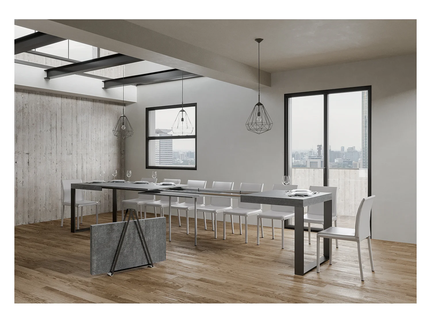 Table extensible 90x180/440 cm Tecno Gris Béton cadre Anthracite