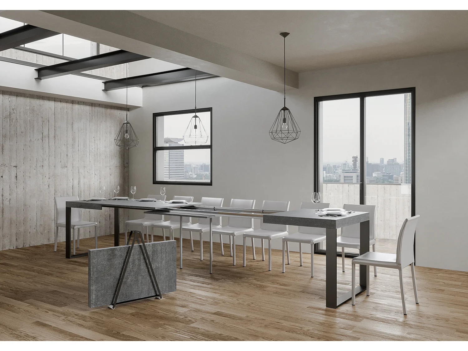 Table extensible 180/440x90 cm Tecno gris béton pieds anthracite
