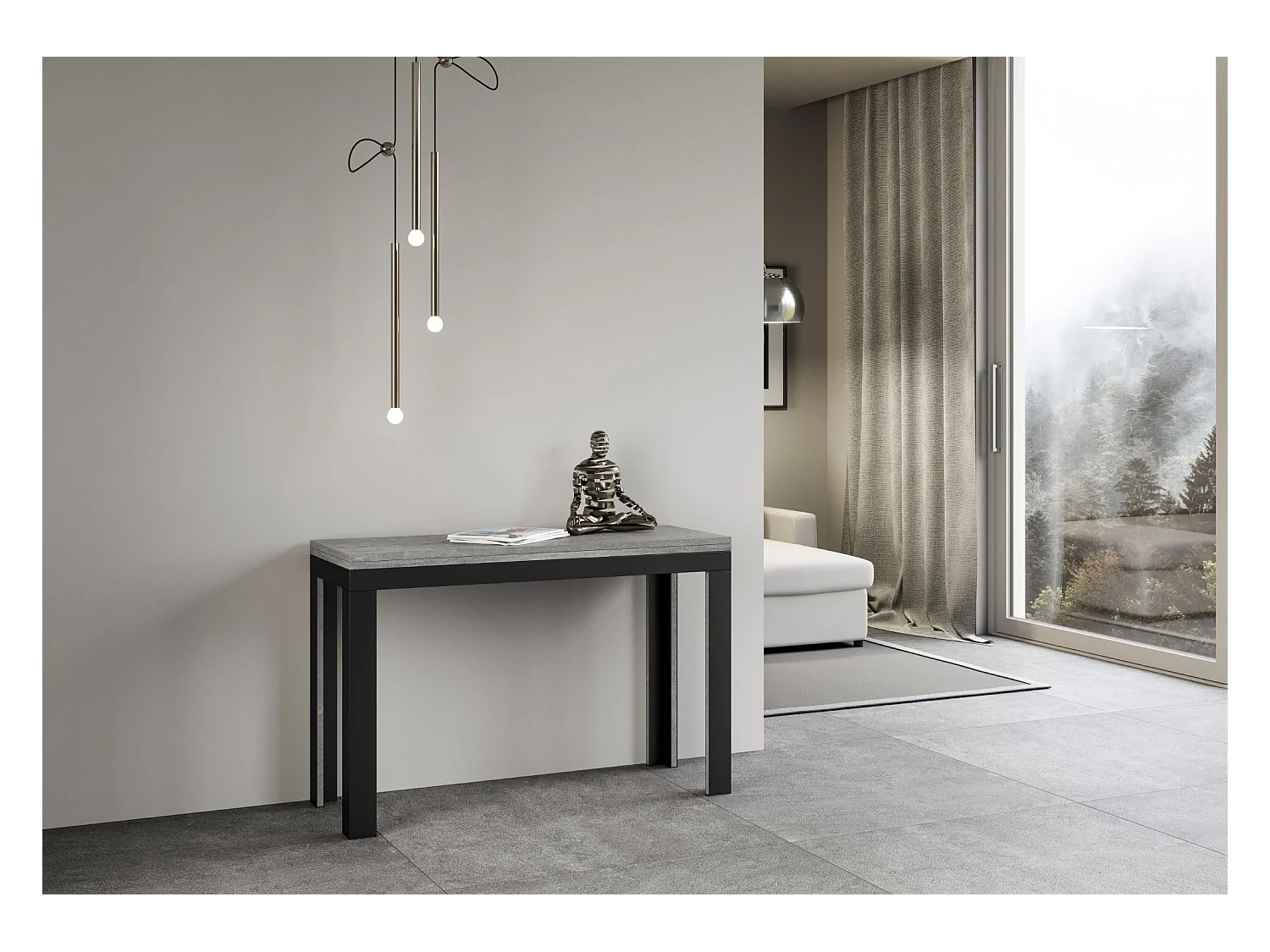 Table extensible portefeuille 120x45/90 cm Linea Double Gris Béton cadre Anthracite