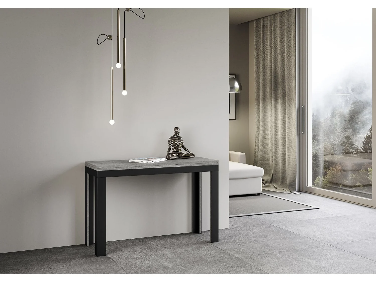 Table extensible portefeuille 120x45/90 cm Linea Double Gris Béton cadre Anthracite