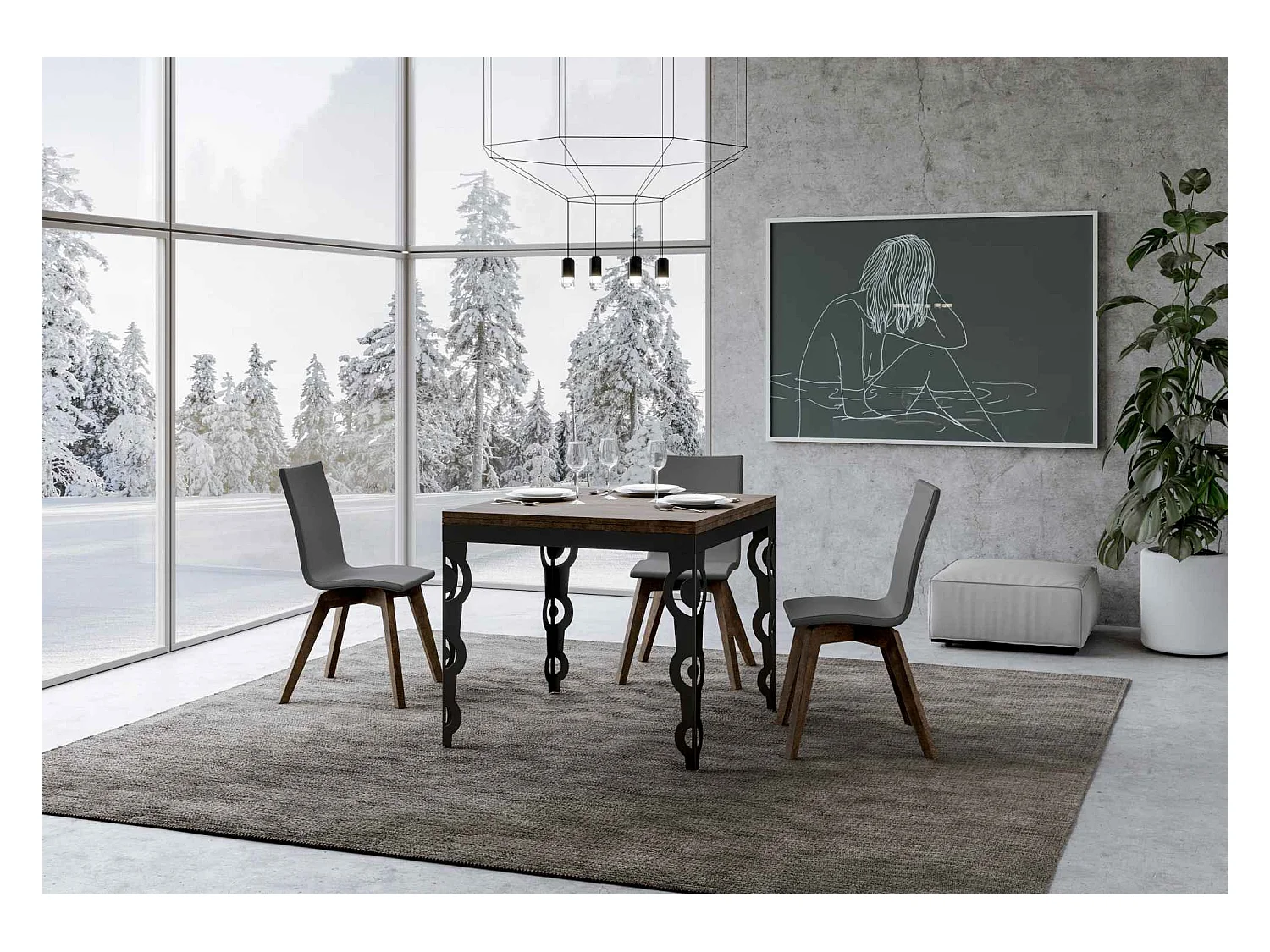 Table extensible portefeuille 90x90/180 cm Karamay Libra Noyer cadre Anthracite