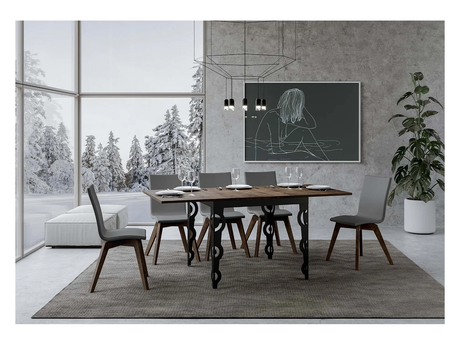 Table extensible portefeuille 90x90/180 cm Karamay Libra Noyer cadre Anthracite