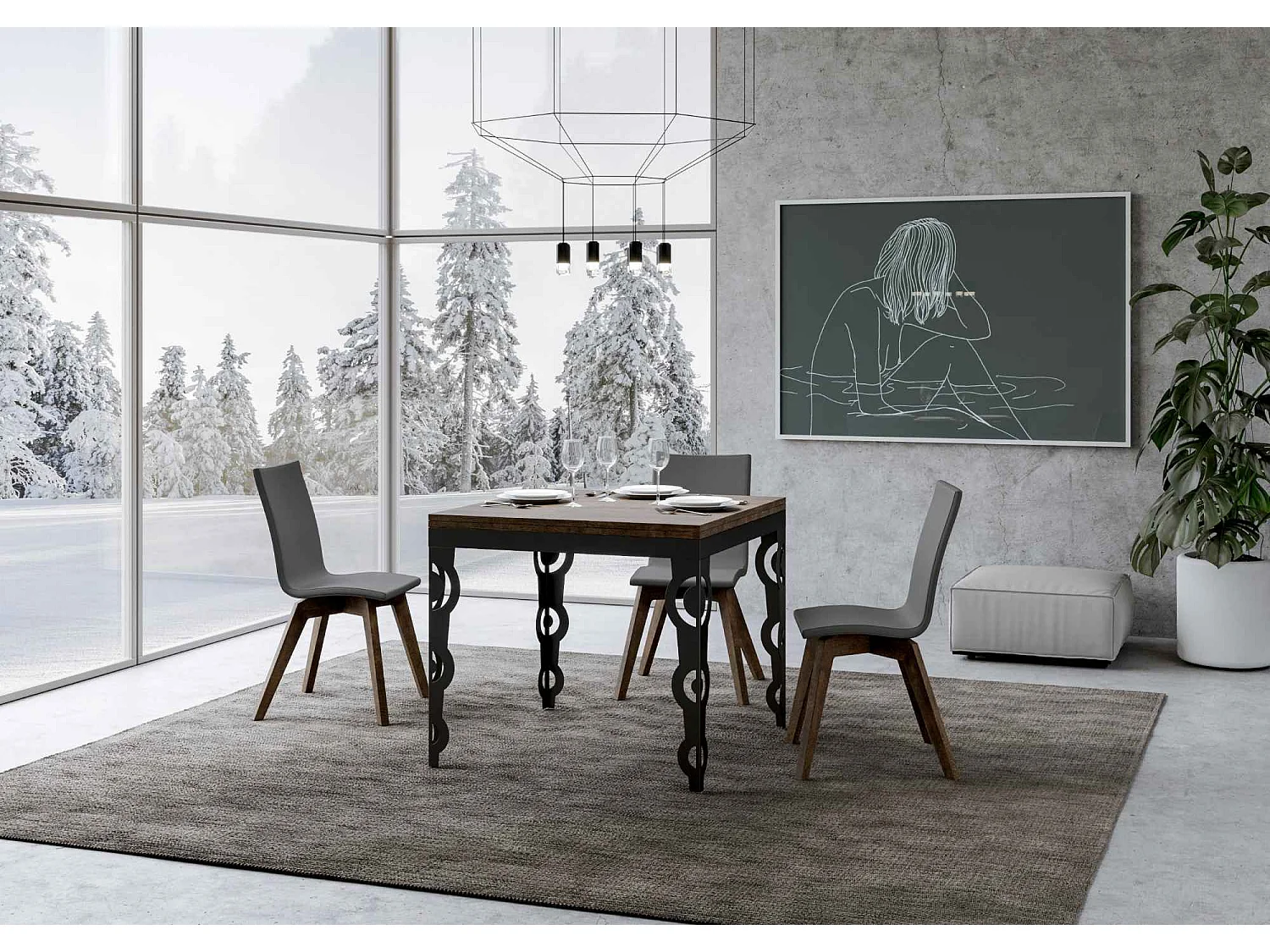 Ausziehtisch 90x90/180 cm Karamay Libra Nussbaum mit Eisenrahmen aus Anthrazit