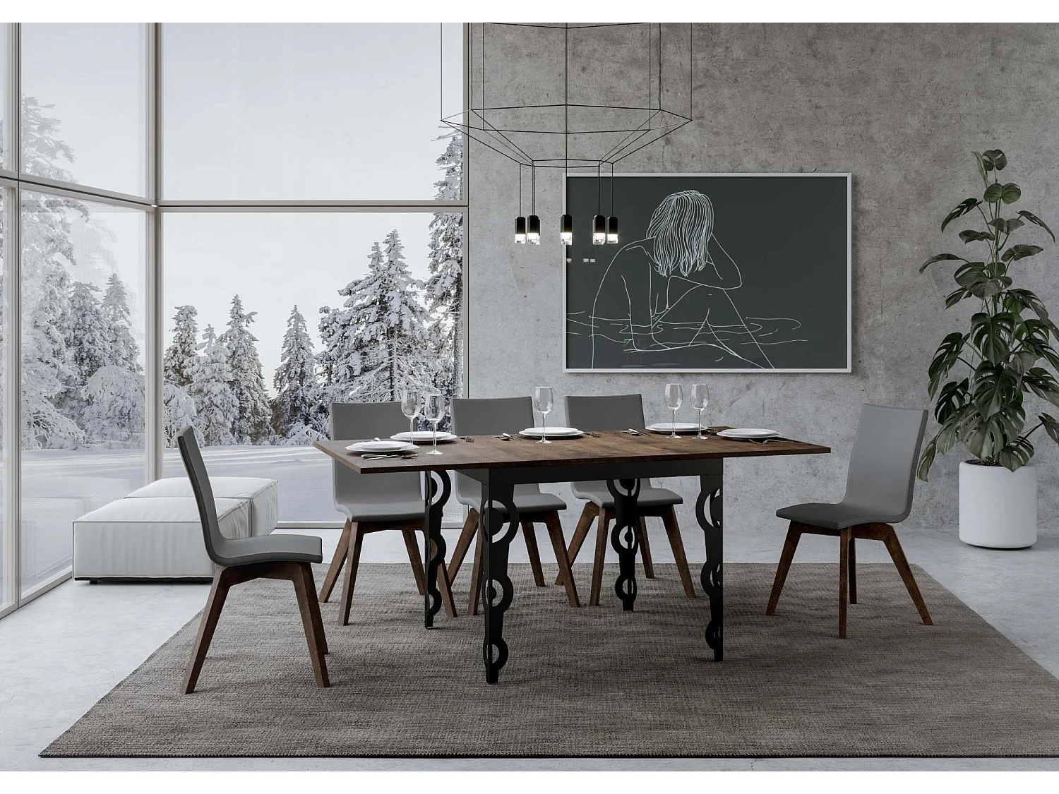 Ausziehtisch 90x90/180 cm Karamay Libra Nussbaum mit Eisenrahmen aus Anthrazit