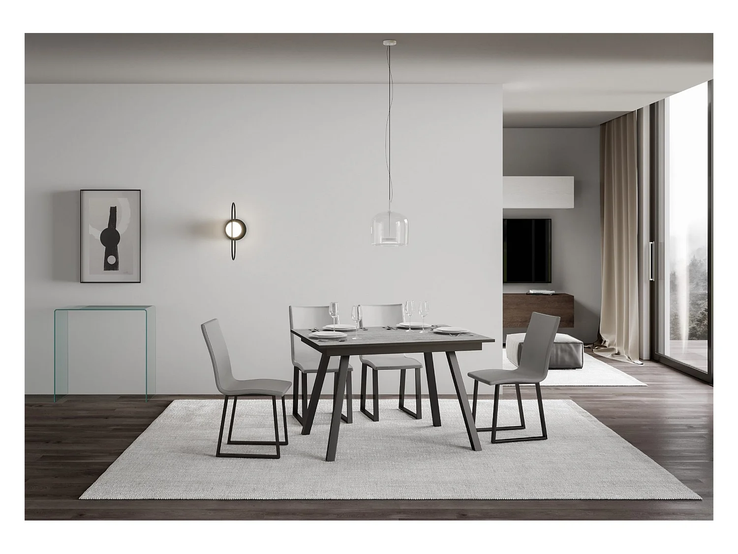 Table extensible 90x120/180 cm Mirhi Gris Béton cadre Anthracite