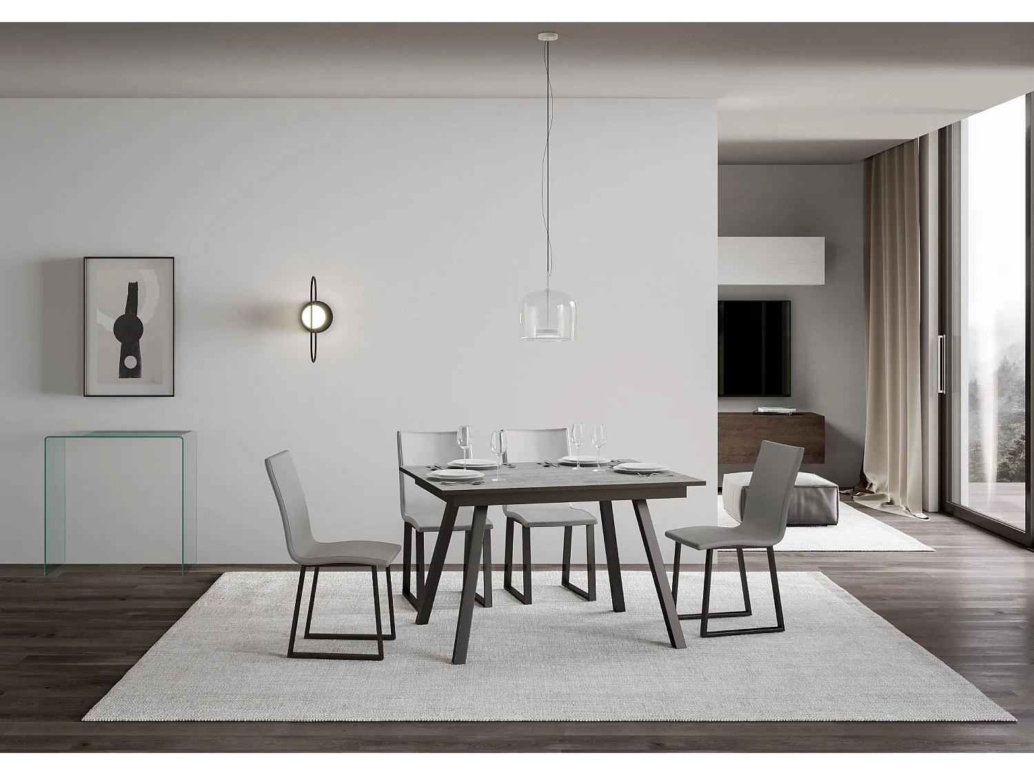 Table extensible 90x120/180 cm Mirhi Gris Béton cadre Anthracite