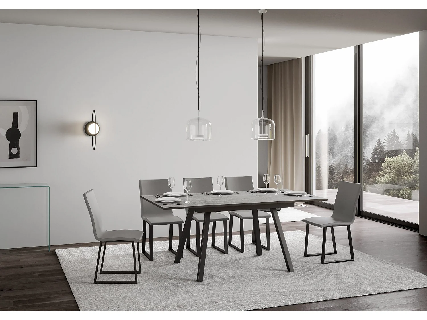 Table extensible 90x120/180 cm Mirhi Gris Béton cadre Anthracite