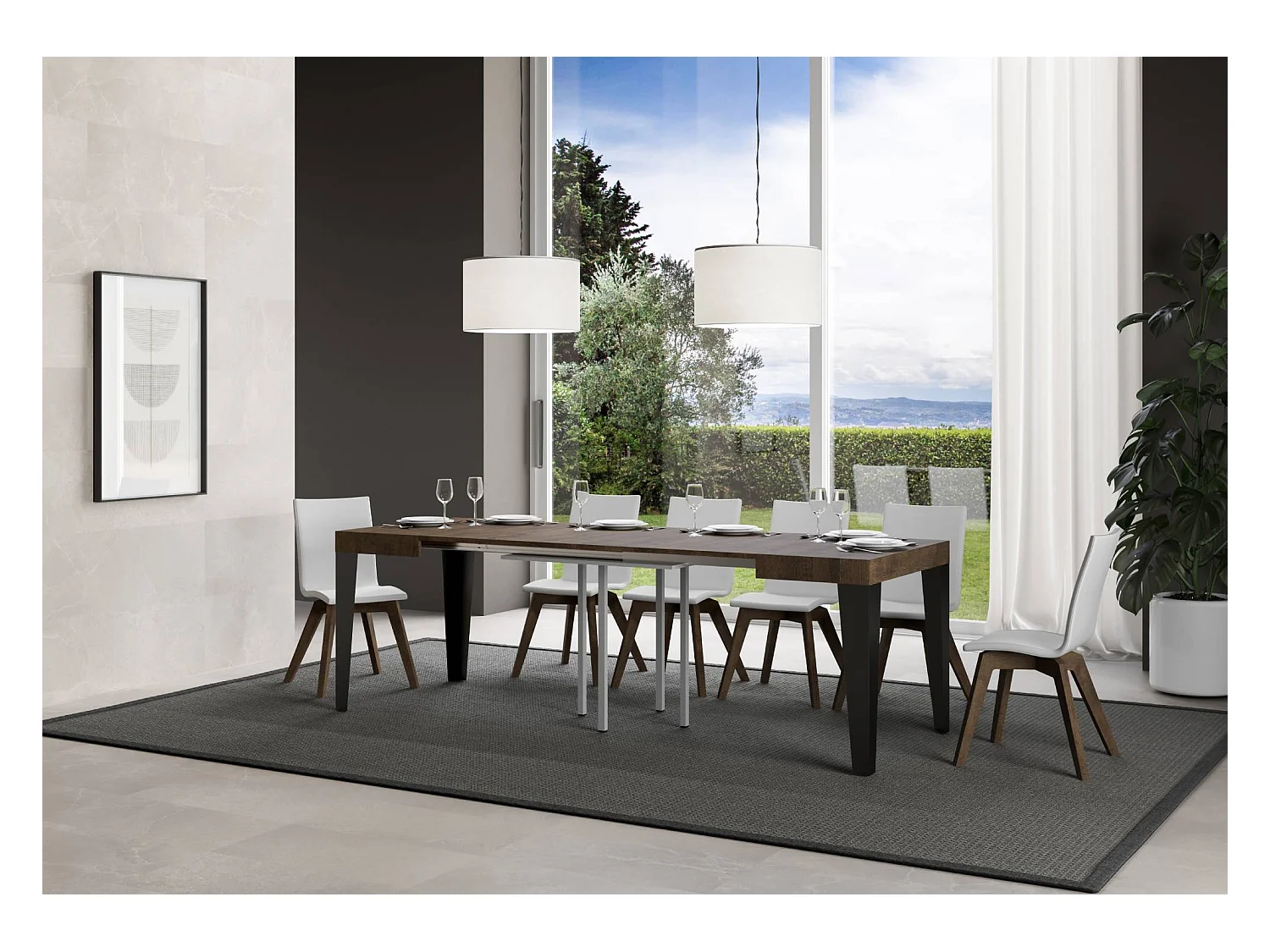 Mesa de jantar extensível 90x90/246 cm Flame Nogueira quadro Antracite