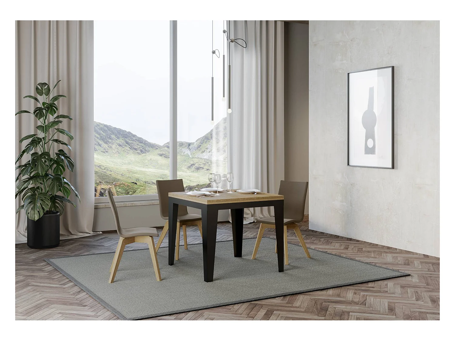 Ausziehtisch 90x90/180 cm Flame Libra Eiche Natur mit Eisenrahmen aus Anthrazit