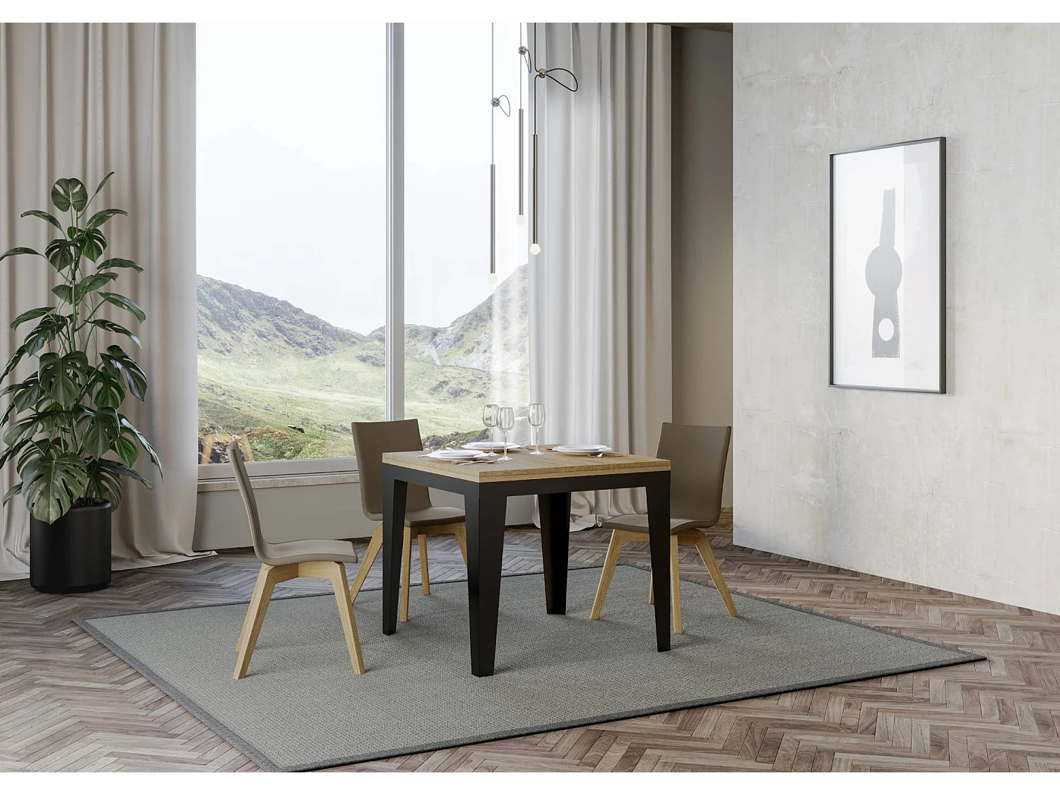 Table extensible portefeuille 90x90/180 cm Flame Libra Chêne Nature cadre Anthracite