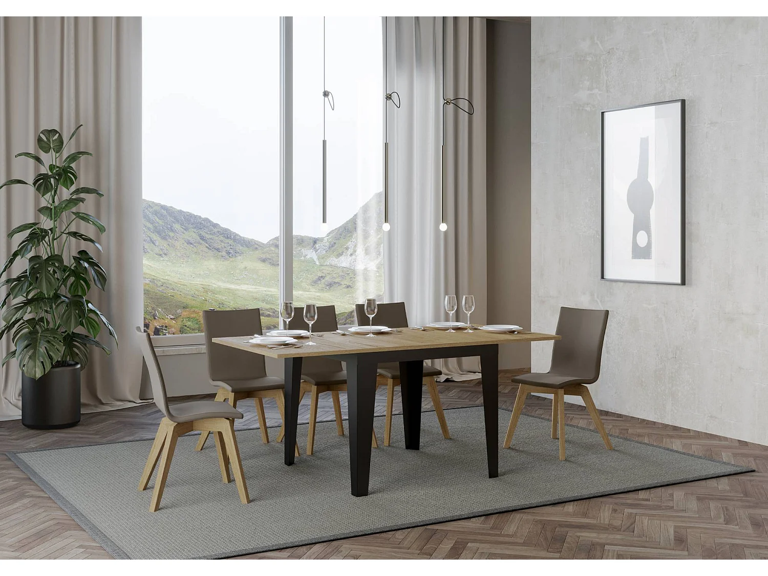 Table extensible portefeuille 90x90/180 cm Flame Libra Chêne Nature cadre Anthracite