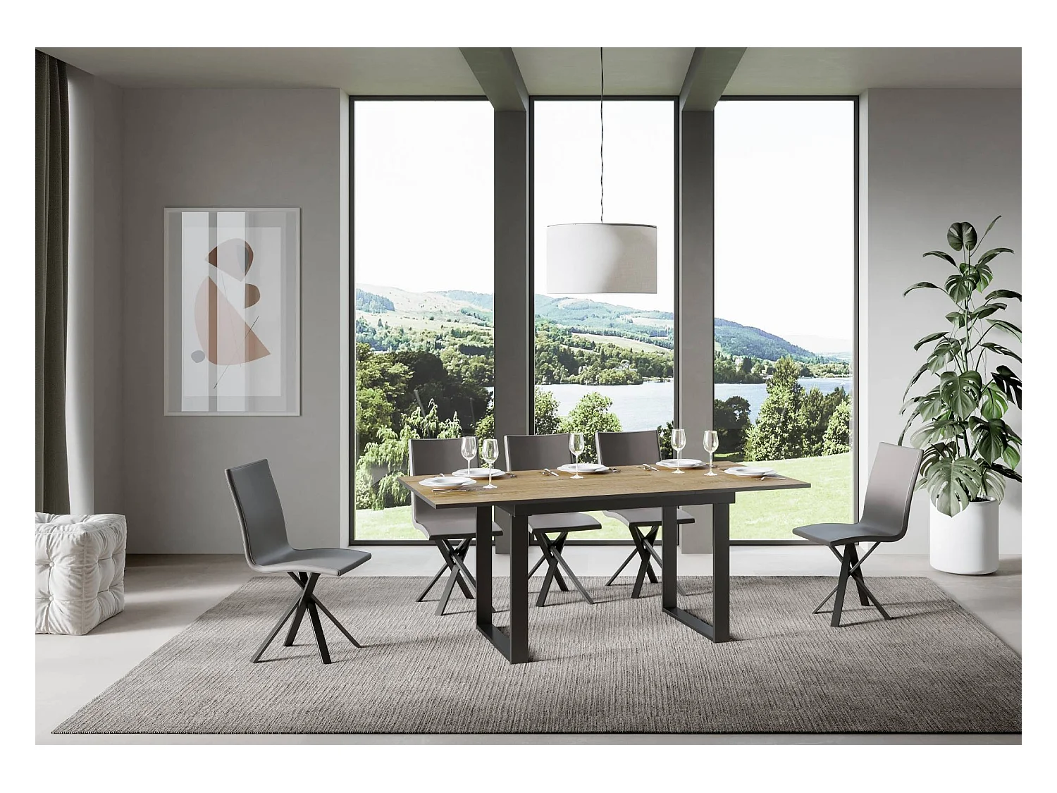 Table extensible 90x120/180 cm Bandos Chêne Nature cadre Anthracite