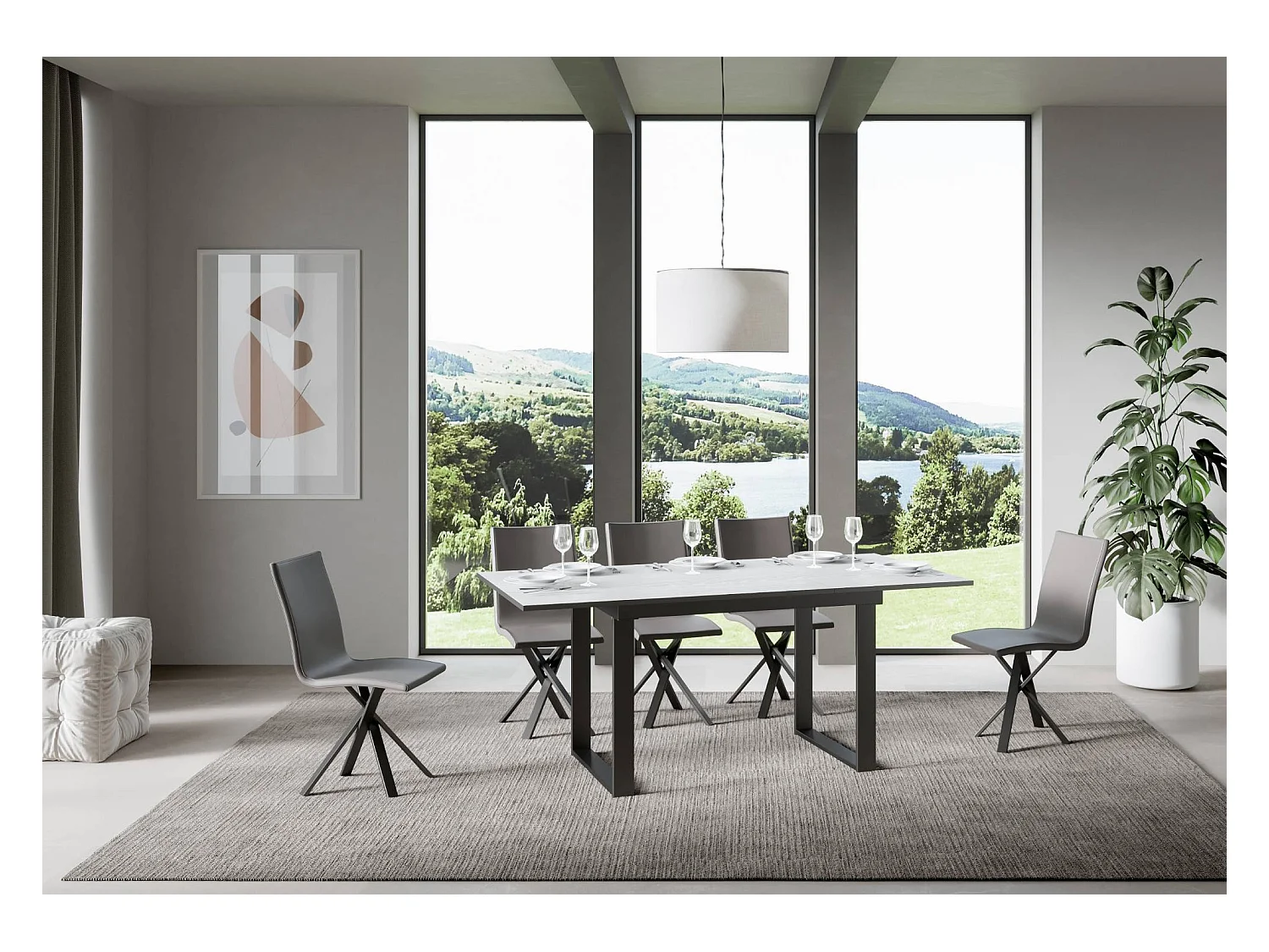 Ausziehtisch 90x120/180 cm Bandos Esche weiß mit Eisenrahmen aus Anthrazit