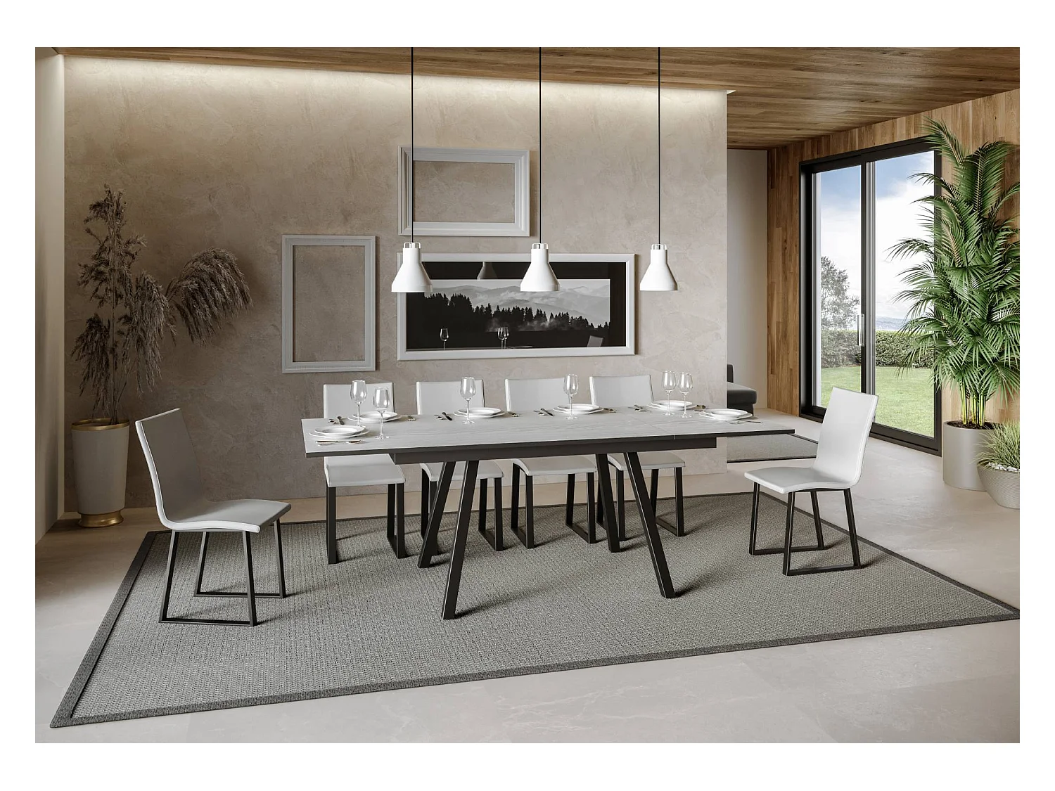 Table extensible 90x160/220 cm Mirhi Frêne Blanc cadre Anthracite