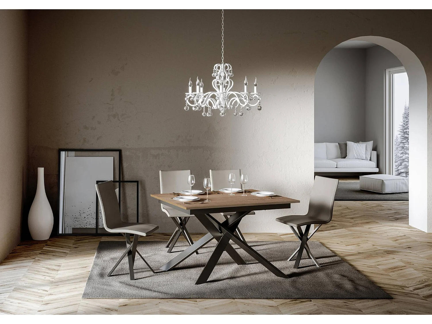 Table extensible 90x120/180 cm Ganty Chêne Nature bande de chante en teinte cadre Anthracite