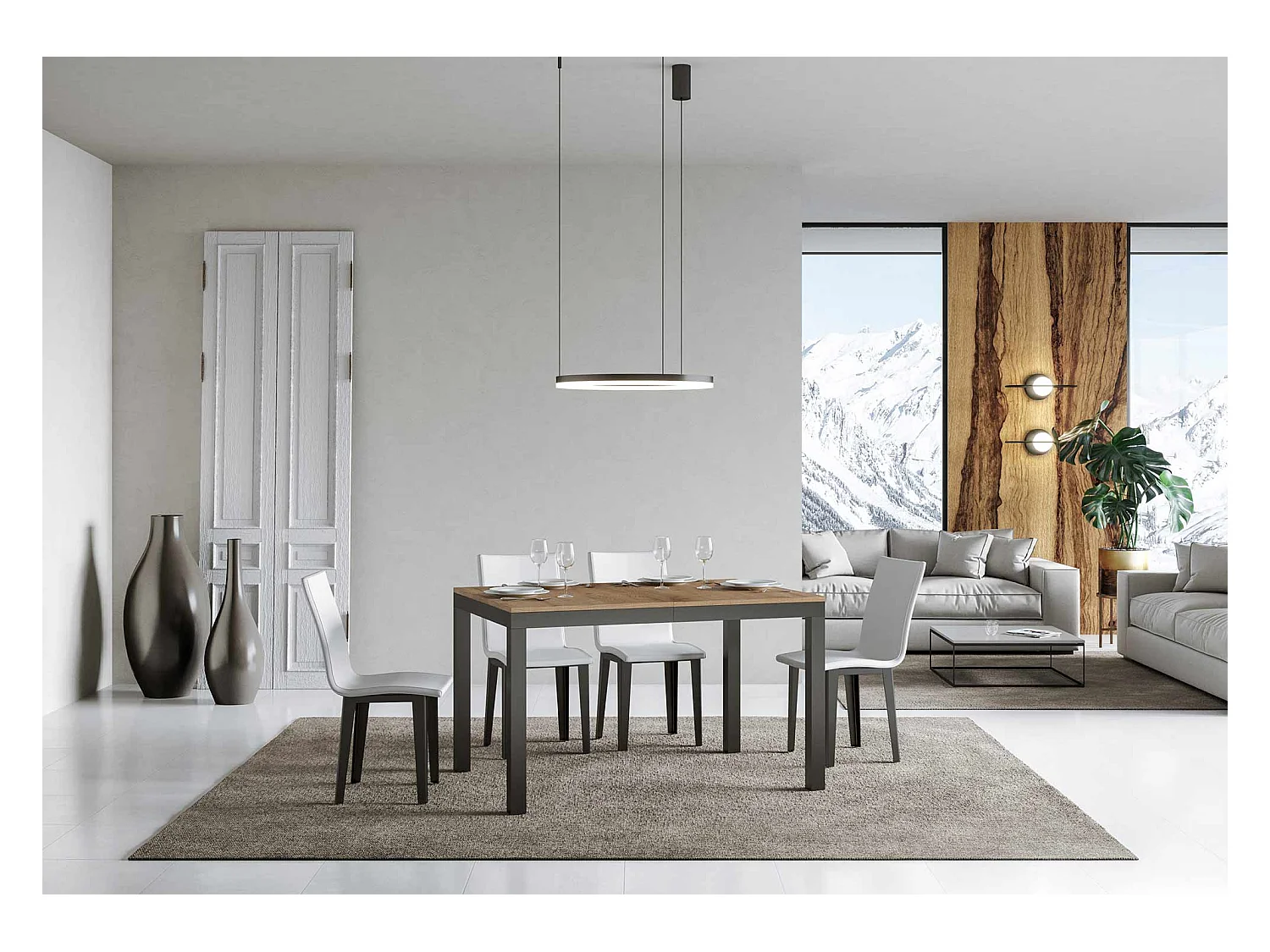 Rechthoekige uitschuifbare tafel in licht hout en antraciet metaal 120 tot 224 cm Evy