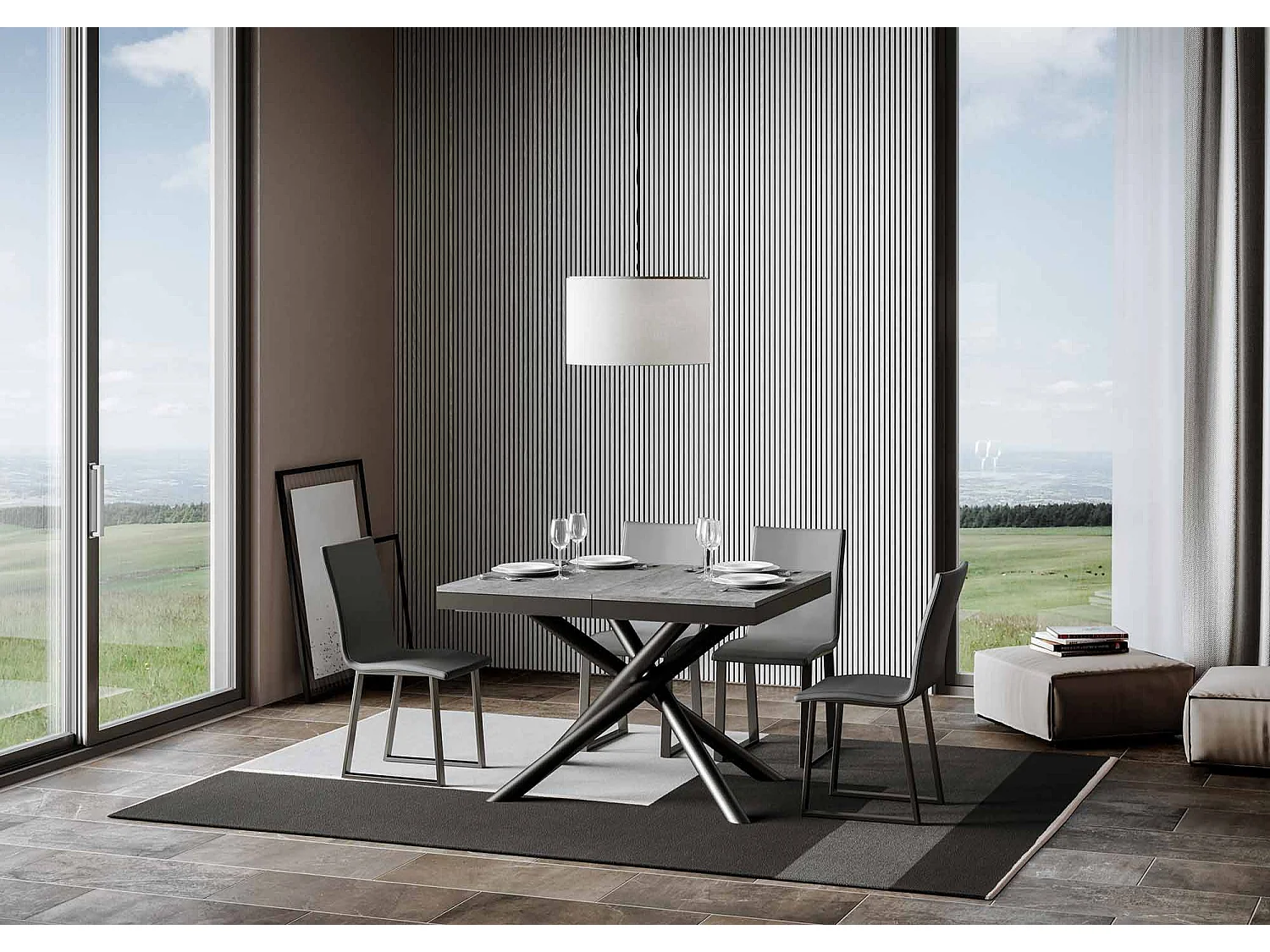 Ausziehtisch 90x120/380 cm Famas Evolution Zement mit Eisenrahmen aus Anthrazit