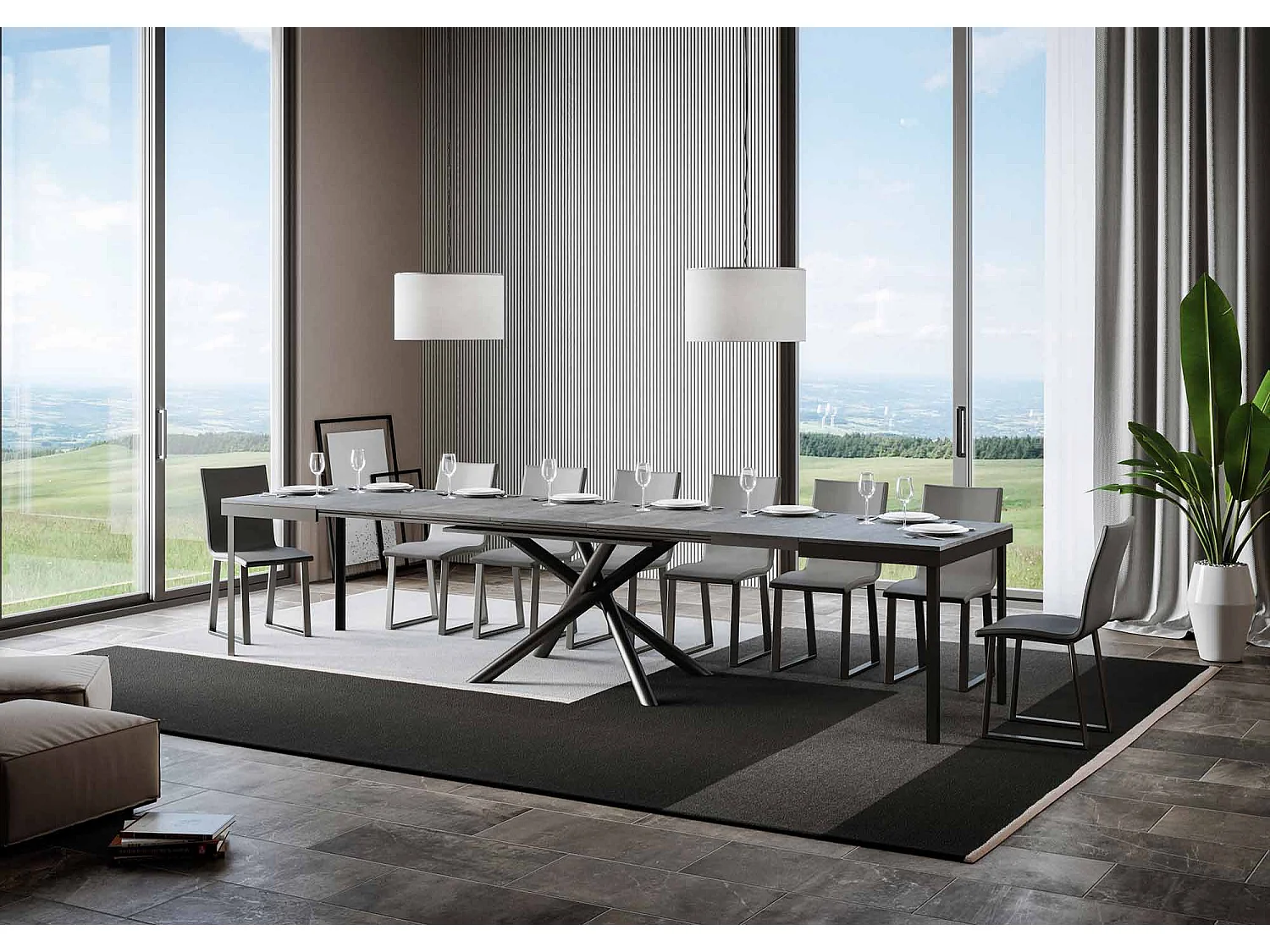 Ausziehtisch 90x120/380 cm Famas Evolution Zement mit Eisenrahmen aus Anthrazit