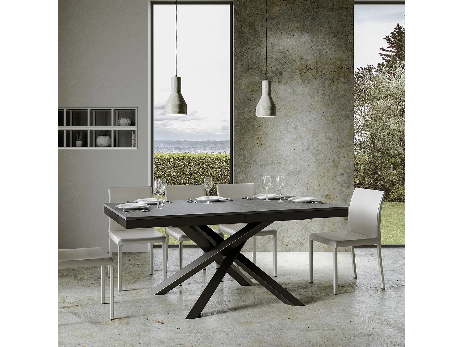 Uitschuifbare tafel 160/420x90 cm Volantis Evolution cement met antraciet frame en poten