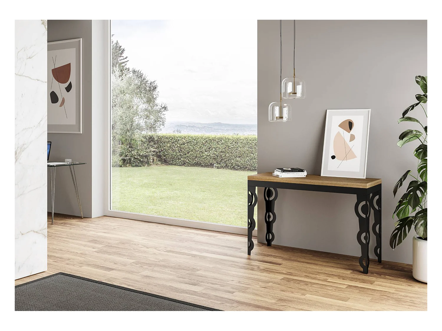 Mesa de jantar extensível tipo livro 120x45/90 cm Karamay Double Carvalho Natural quadro Antracite